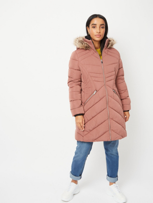 pink padded coat with fur hood