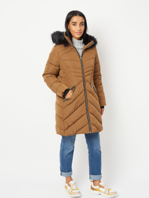 brown padded coat with fur hood