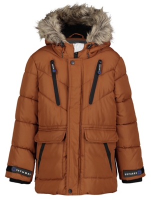 brown padded coat with fur hood