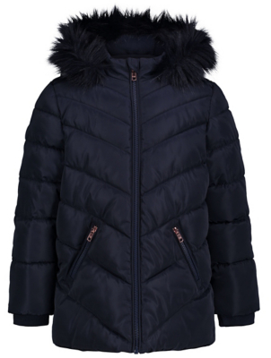 navy padded coat with fur hood