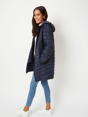 ladies navy padded coat with fur hood