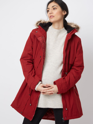 red parka with fur hood