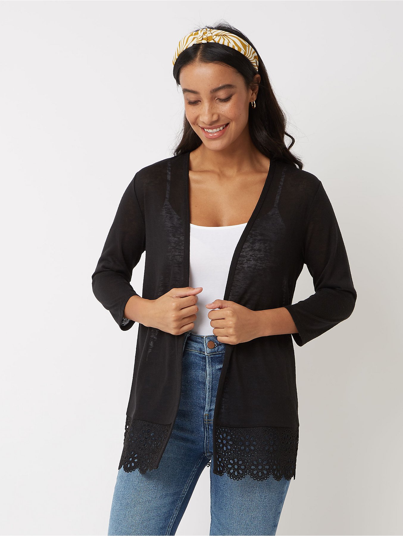 Black Crochet Hem Open Front Cardigan Black Crochet Hem Open Front Cardigan