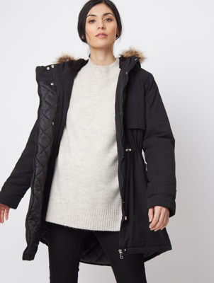 black faux fur trim hooded parka