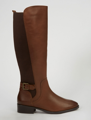 Tan Leather Knee High Panelled Boots 