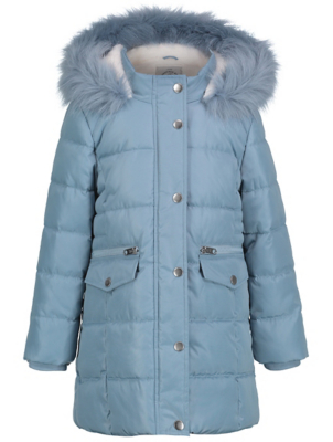 blue padded coat with fur hood