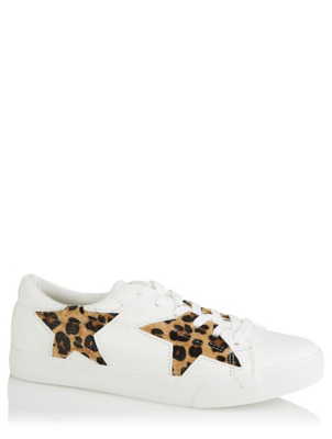 white and animal print trainers