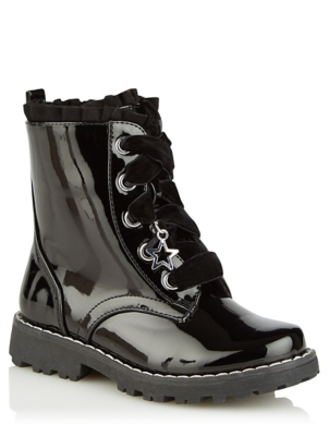 Black Patent Ruffle Trim Biker Boots 