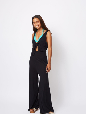 black collar tie front sleeveless jumpsuit