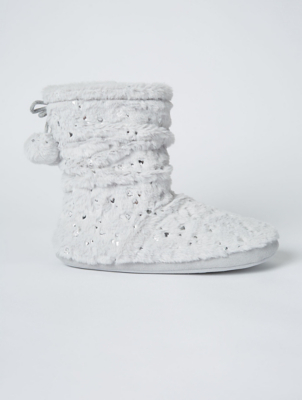 Grey Faux Fur Heart Print Slipper Boots 