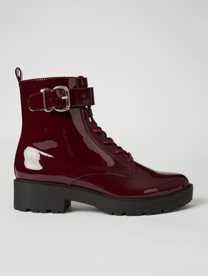 Burgundy Patent Buckle Combat Boots 