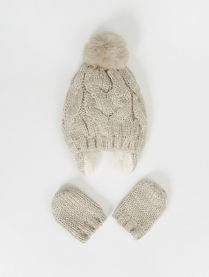Grey Cable Knit Ear Flap Bobble Hat And Mittens Set