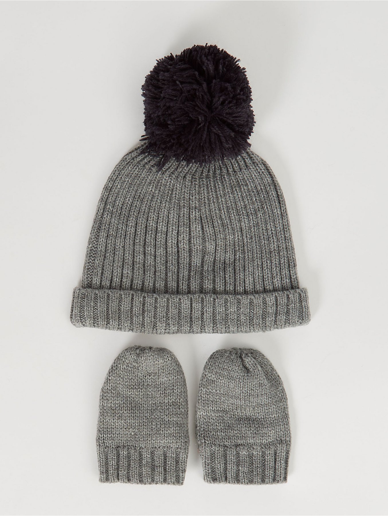 Grey Ribbed Bobble Hat And Mittens Set