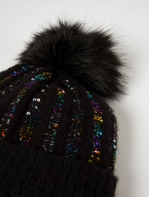 black sparkle bobble hat