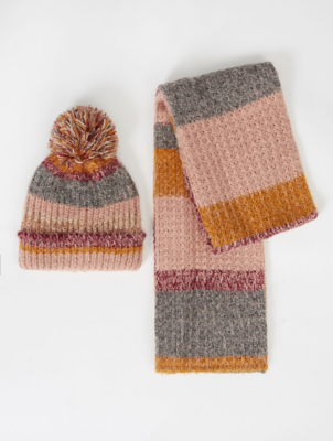 pink bobble hat and scarf