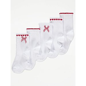 5 pairs of Girls White School socks Heart Design Ankle socks