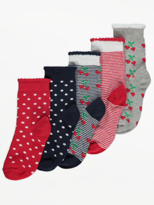 Navy Cherry Print Socks 5 Pack