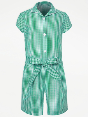 Girls Green Gingham School Playsuit School at ASDA