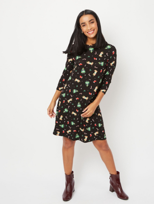 Black Festive Print Christmas Dress 