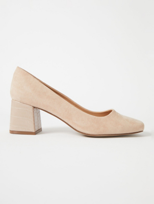 Beige Mock Croc Block Heel Court Shoes 