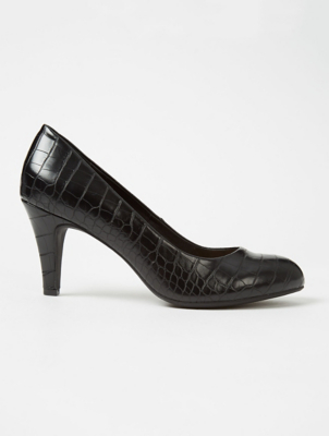 Black Mock Croc Round Toe Court Shoes 