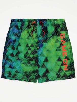 Green Geometric Print Slogan Swim Shorts