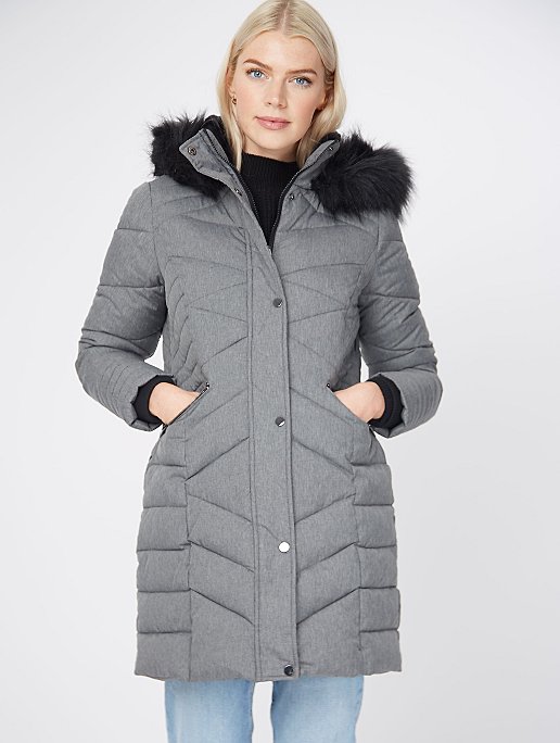 Grey Faux Fur Longline Padded Coat, Grey Coat With Hood Womens