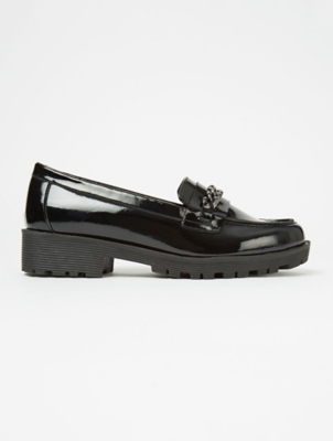 Girls Black Patent Chain Loafer School 