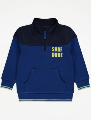 Blue Surf Dude Slogan Zip Neck Sweatshirt