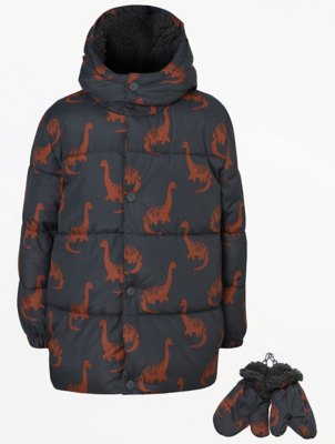 Charcoal Dinosaur Print Padded Coat and Mittens
