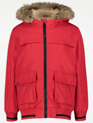 red bomber jacket with hood