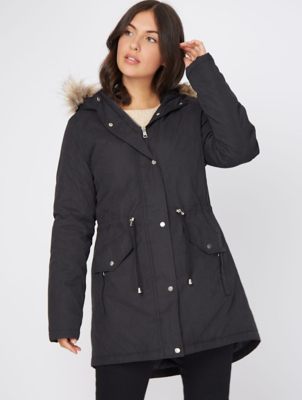 black faux fur trim hooded parka