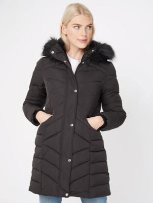 black faux fur trim hooded longline padded coat