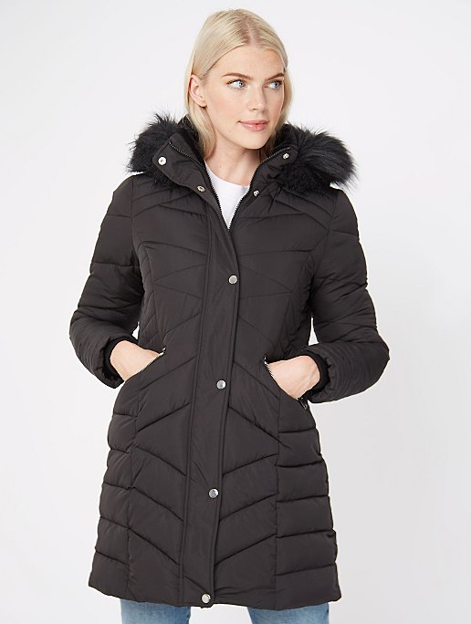 Black Hooded Longline Padded Coat, Womens Long Padded Coat With Fur Hood
