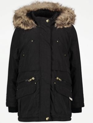 black faux fur parka