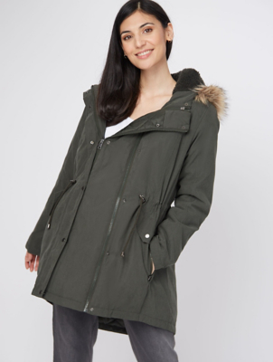 black faux fur trim hooded parka