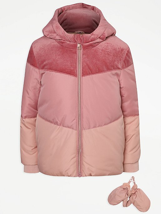 Pink Velour Colour Block Padded Coat, Toddler Girl Winter Coats Asda