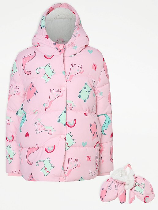 Pink Dinosaur Print Padded Coat And, Toddler Girl Winter Coats Asda