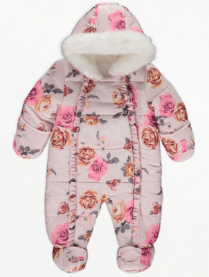 Pale Pink Rose Print Padded Snowsuit 