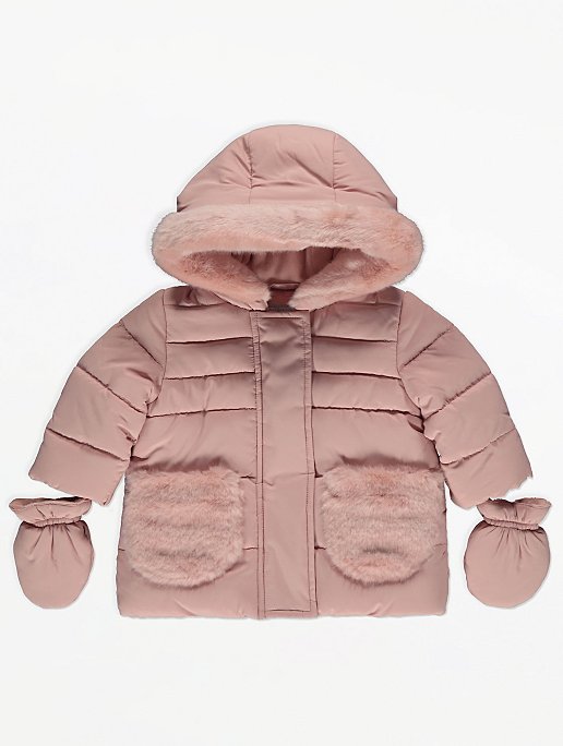 Pink Padded Faux Fur Trim Coat And, Toddler Girl Winter Coats Asda