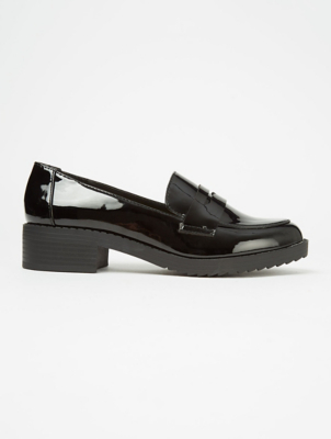 Black Patent Chunky Heel Loafers 