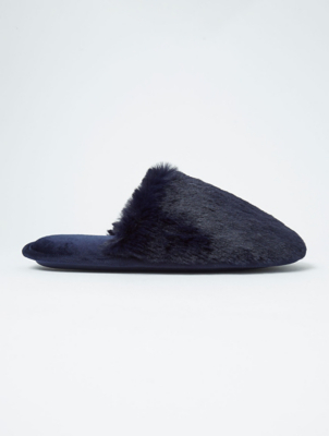 navy fur slippers