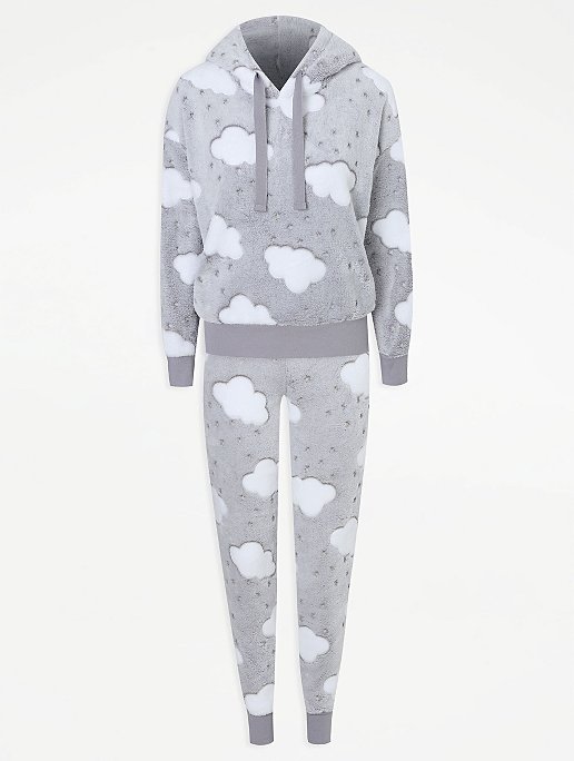 Grey Fleece Cloud Print Hooded Pyjamas Women George At Asda