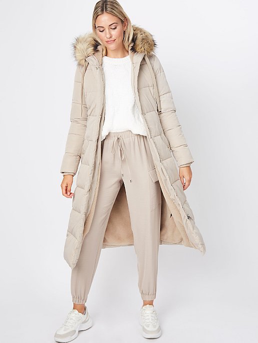 Beige Faux Fur Trim Padded Longline, Beige Puffer Coat With Fur Hood