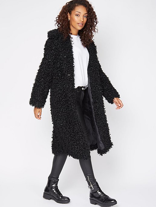 Black Curly Faux Fur Longline Coat, Curly Faux Fur Coat Womens