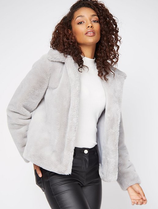 Grey Faux Fur Short Jacket Women, Short Faux Fur Coat Womens