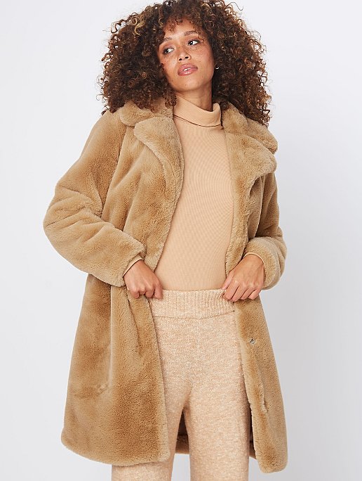 Camel Faux Fur Formal Coat Women, Fur Coat Brown Long Sleeve