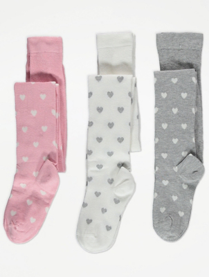 Grey Heart Print Tights 3 Pack