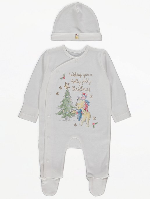 DISNEY Winnie the Pooh CHRISTMAS Sleepsuit with hat Babygrow 'FIRST CHRITSMAS'