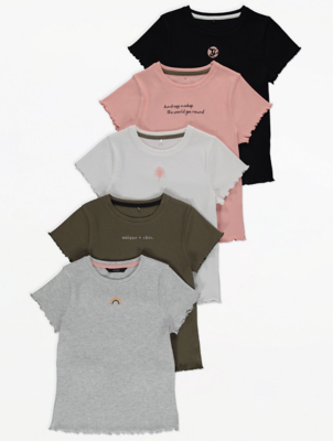 Pink Slogan Print Lettuce Trim T-shirts 5 Pack 